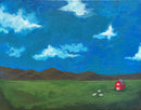 An acrylic painting of a rural landscape featuring a vibrant blue sky with white clouds, a green field, dark brown hills, and a small red barn with white sheep.